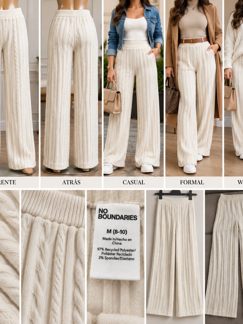 No Boundaries Cream Cable-Knit Wide Leg Pants